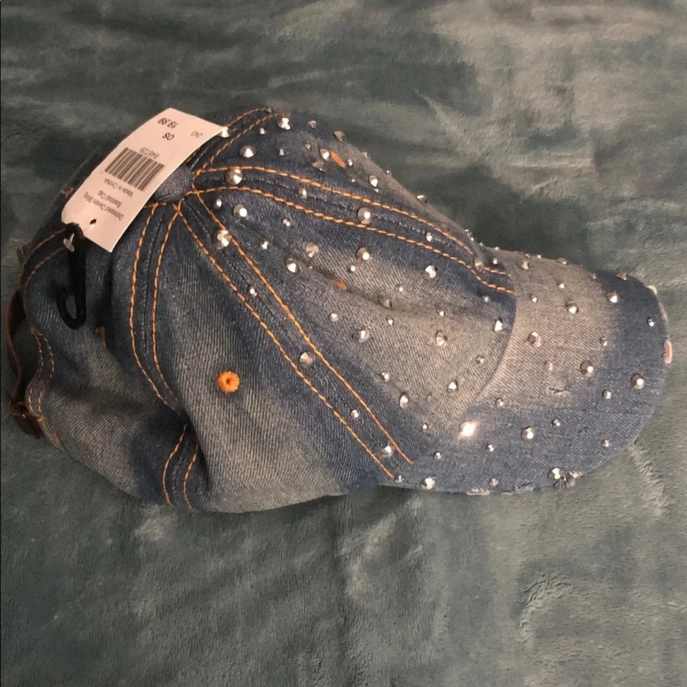 Embellished Distressed Denim Baseball Cap - Blue